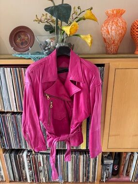 Andrew Marc VTG Hot “BARBIE” Pink, lined LAMBSKIN LEATHER Moto Jacket w/ Belt, L